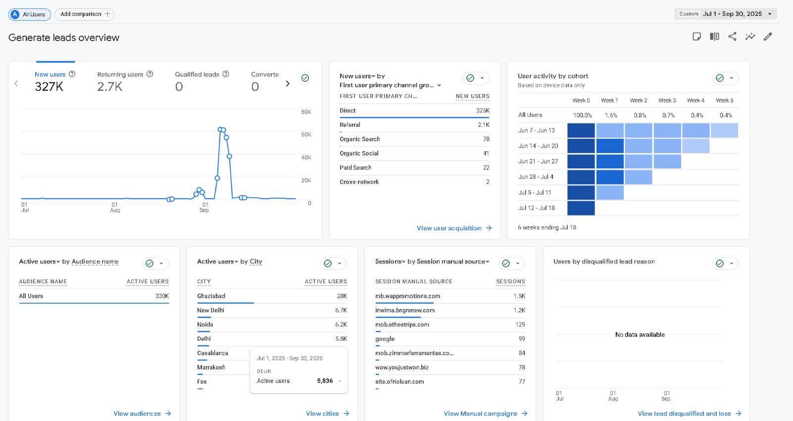 Locally obscured full GA4 Generate leads overview for Q3 2025