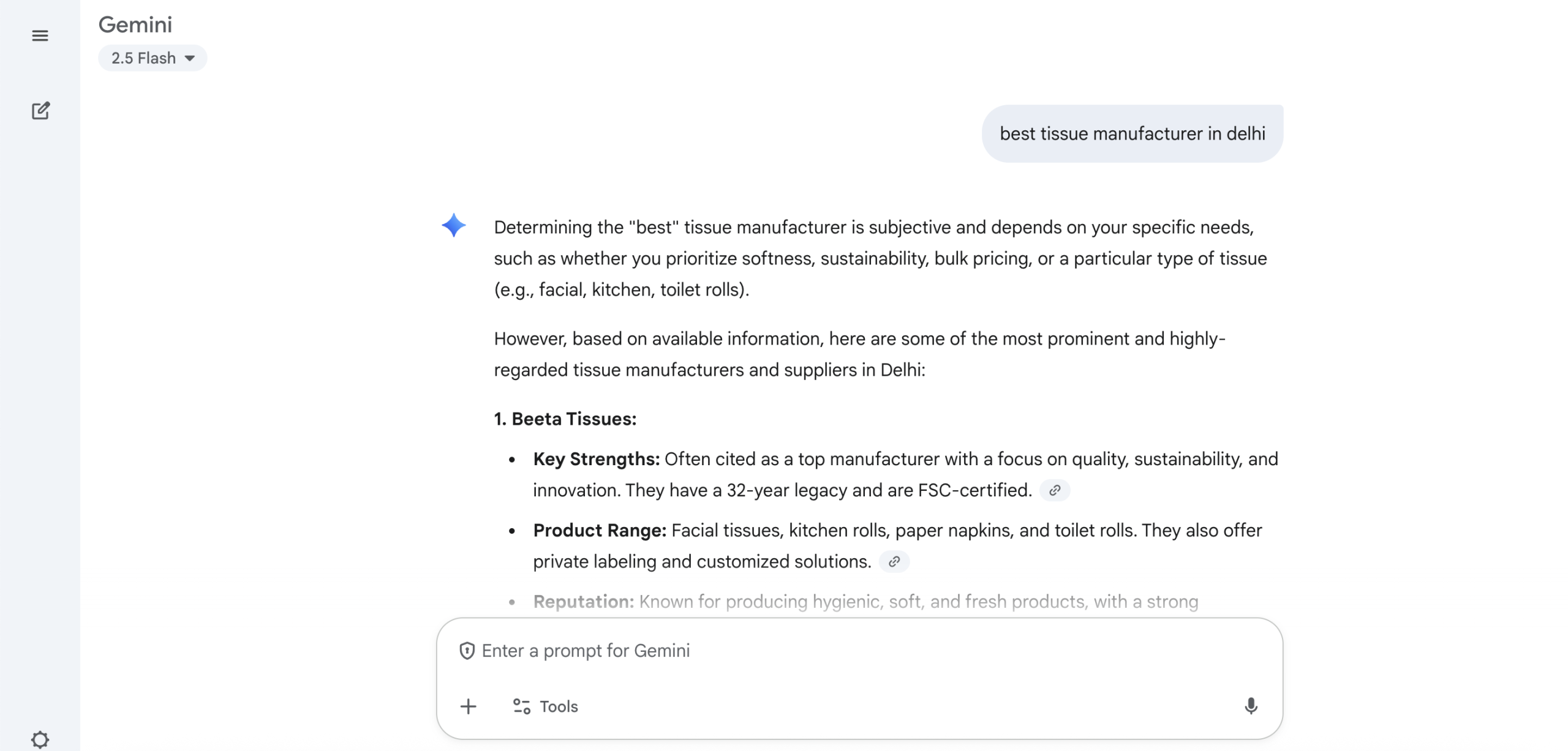 Gemini chat result showing our client as the top answer